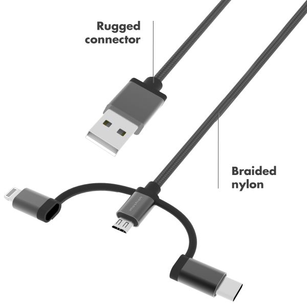 imoshion 3-in-1-Kabel - Lightning-, USB-C- und Micro-USB-Kabel - Geflochtenes Gewebe - 1,5 Meter - Schwarz