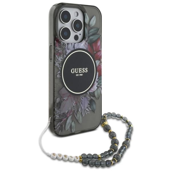 Guess MagSafe IML Flowers Case mit Beads Strap für das iPhone 15 - Black