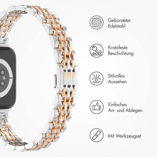 Selencia Jubilee inspiriertes schmales Edelstahlarmband für Apple Watch Series 1 t/m 9 / SE (38/40/41 mm) | Series 10 / 11 (42 mm) - Zilver & Rosé Goud / Silver & Rose Gold