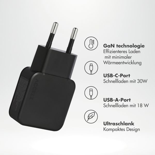 Accezz Ultra Slim GaN Ladegerät - USB-C + USB-A - 30 W - Schwarz