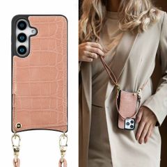 Selencia Nova Croco HandyHülle mit Kordel und Kartenhalter Samsung Galaxy S25 - Old Pink