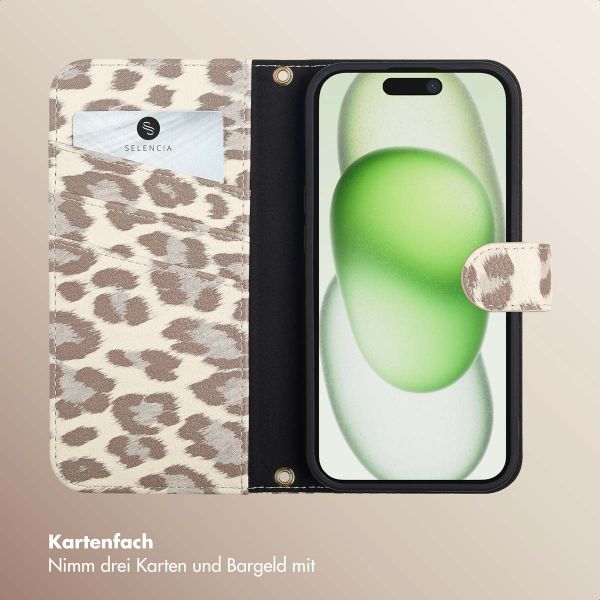 Selencia Sabi Klapphülle mit Leopardenmuster Apple iPhone 15 - Soft Ivory