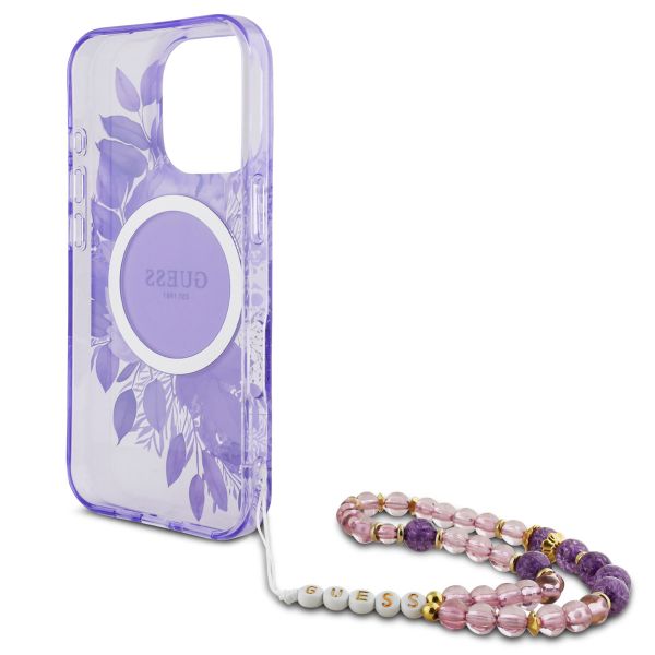 Guess MagSafe IML Flowers Case mit Beads Strap für das iPhone 16 Pro Max - Purple