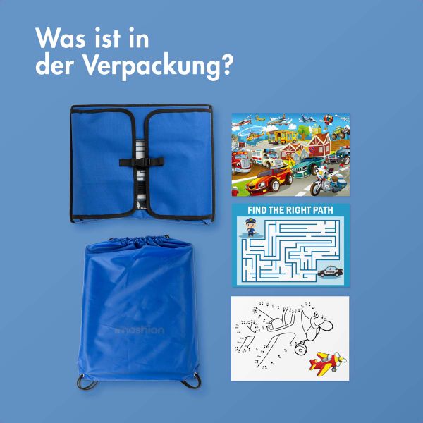 imoshion Reisetisch - Tablethalter Auto - 7 Aufbewahrungsfächer - Inklusive 2 Malvorlagen - Blau