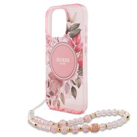 Guess MagSafe IML Flowers Case mit Beads Strap für das iPhone 15 Pro - Pink