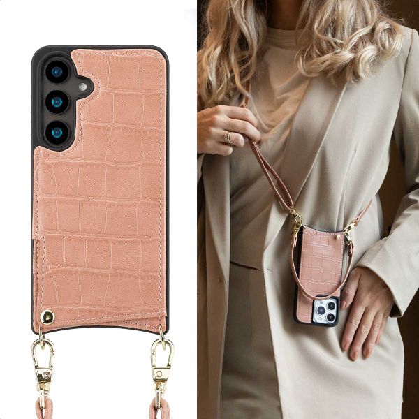 Selencia Nova Croco HandyHülle mit Kordel und Kartenhalter Samsung Galaxy S24 - Old Pink
