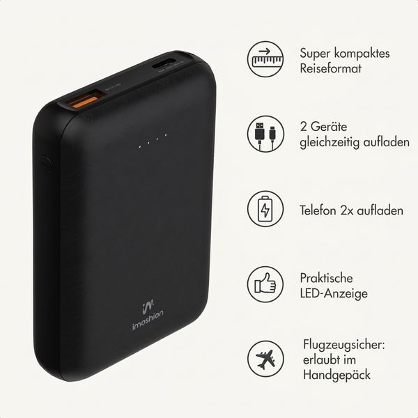 imoshion Kompakte Powerbank 10.000 mAh - Kleine Powerbank - 22,5W Schnellladegerät - USB-C / USB-A - Schwarz