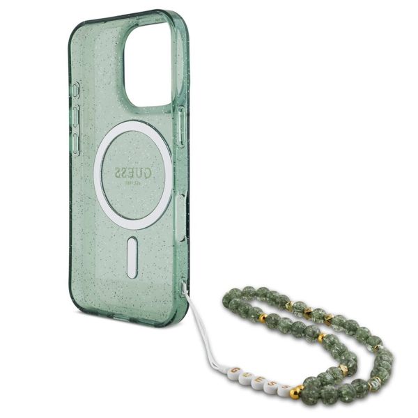 Guess MagSafe IML Glitter Case mit Beads Strap Apple iPhone 16 Pro - Green