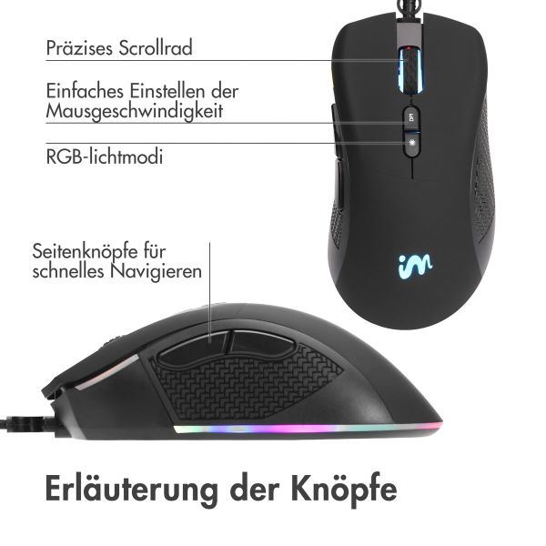 imoshion Gaming-Maus mit RGB-Beleuchtung - Kabelgebundene Gaming-Maus mit USB-A-Anschluss - Schwarz