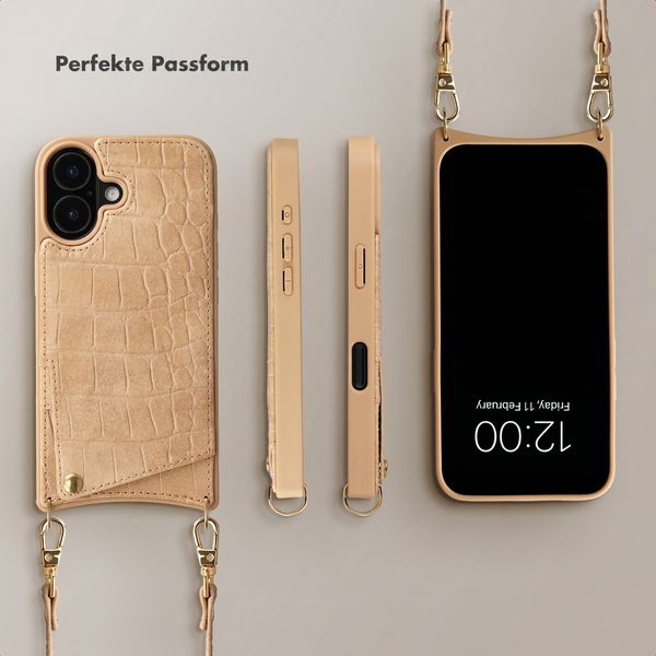 Selencia Nova Croco HandyHülle mit Kordel und Kartenhalter Apple iPhone 16 - Toasted Almond