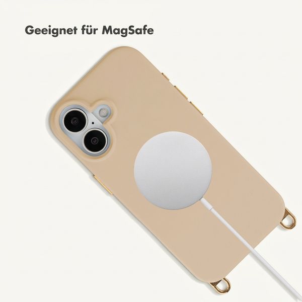 Selencia Rivièra MagSafe Backcover mit abnehmbaren Haken für das Apple iPhone 17 - Milky Latte + Lova Handykette - Mocha Brown