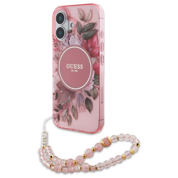 Guess MagSafe IML Flowers Case mit Beads Strap Apple iPhone 16 - Pink