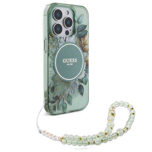 Guess MagSafe IML Flowers Case mit Beads Strap für das iPhone 15 Pro Max - Green