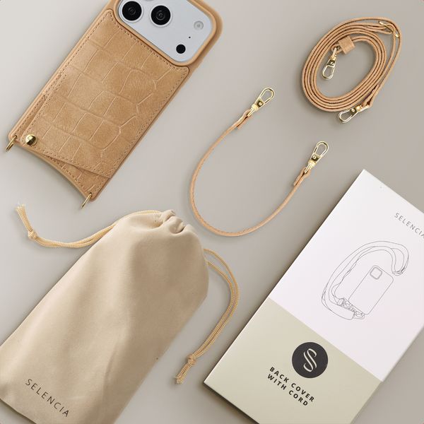 Selencia Nova Croco HandyHülle mit Kordel und Kartenhalter Apple iPhone 18 Pro / 17 Pro - Toasted Almond