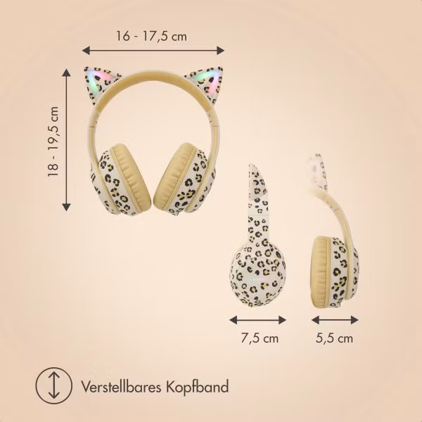 imoshion Special Edition - Kabellose Kinderkopfhörer mit Leopardenmuster LED Light Cat Ear - Dezibelbegrenzer - Mit AUX-kabel - Leopard