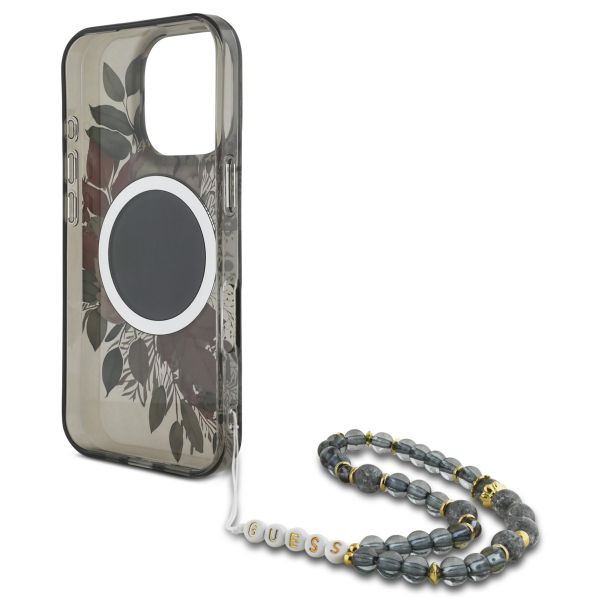 Guess MagSafe IML Flowers Case mit Beads Strap Apple iPhone 16 Pro Max - Schwarz