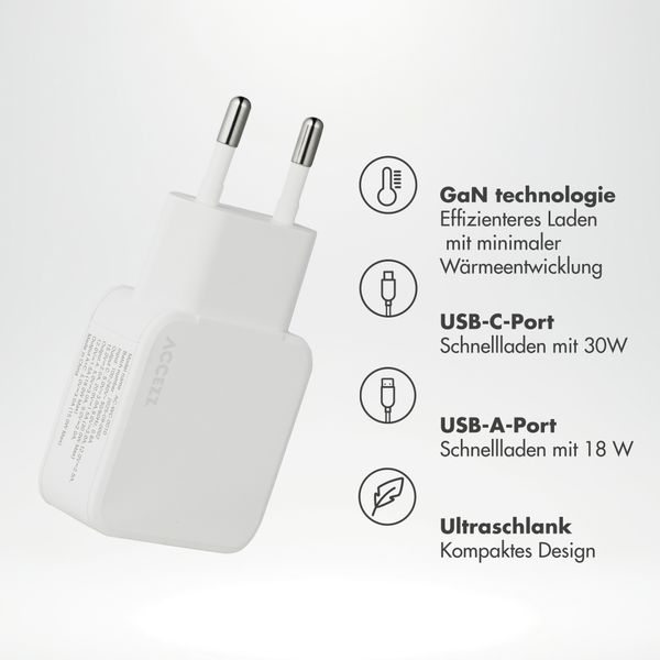 Accezz Ultra Slim GaN Ladegerät - USB-C + USB-A - 30 W - Weiß
