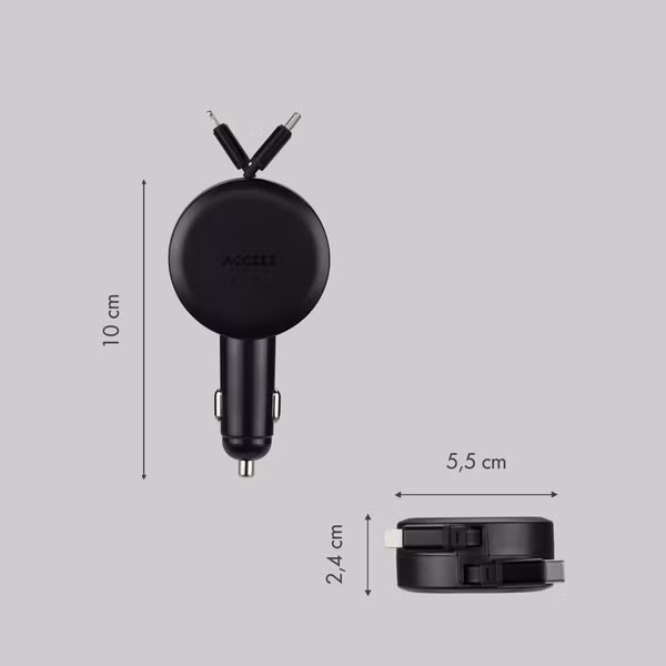 Accezz Autolader mit ausziehbaren Kabeln – USB-C / Lightning – 57W – Schwarz