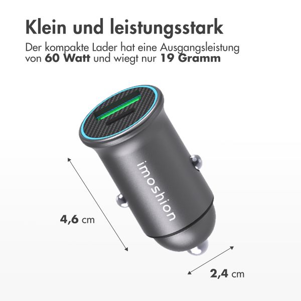 imoshion ﻿Mini-Autoladegerät - 2 Anschlüsse – USB-A–Schnellaufladung – USB-C-Stromversorgung - 60 Watt – Schwarz