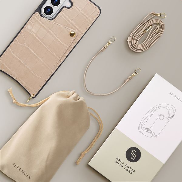 Selencia Nova Croco HandyHülle mit Kordel und Kartenhalter Samsung Galaxy S26 - Beige