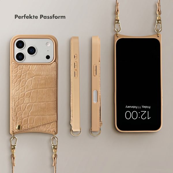 Selencia Nova Croco HandyHülle mit Kordel und Kartenhalter Apple iPhone 17 Pro - Toasted Almond