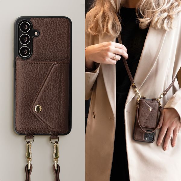 Selencia Sera HandyHülle mit Kordel und Umschlag-Kartenhalter Samsung Galaxy S25 FE - Chocolate Brown