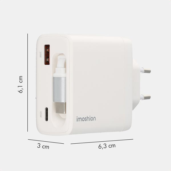 imoshion GaN-Ladegerät mit ausziehbarem USB-C-Kabel 65W - USB-A + USB-C - Weiß