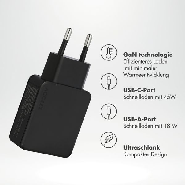 Accezz Ultra Slim GaN Ladegerät - USB-C + USB-A - 45 W - Schwarz
