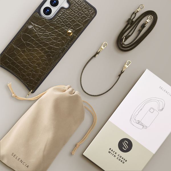 Selencia Nova Croco HandyHülle mit Kordel und Kartenhalter Samsung Galaxy S26 - Dark Olive