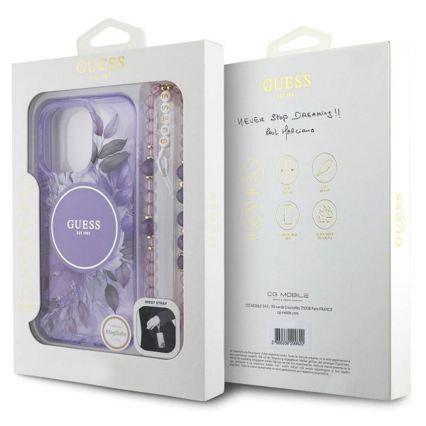 Guess MagSafe IML Flowers Case mit Beads Strap für das iPhone 16 Pro - Purple