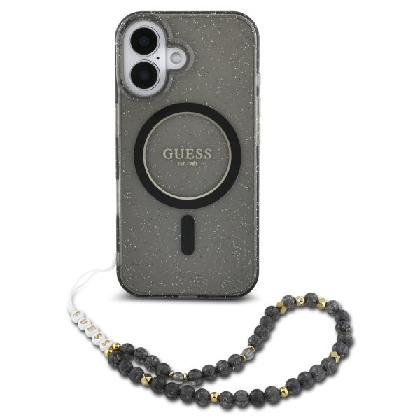 Guess MagSafe IML Glitter Case mit Beads Strap für das iPhone 16 Pro - Black