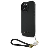 Guess Grained Back Cover MagSafe mit Flower Charm Strap für das iPhone 16 Pro Max - Schwarz