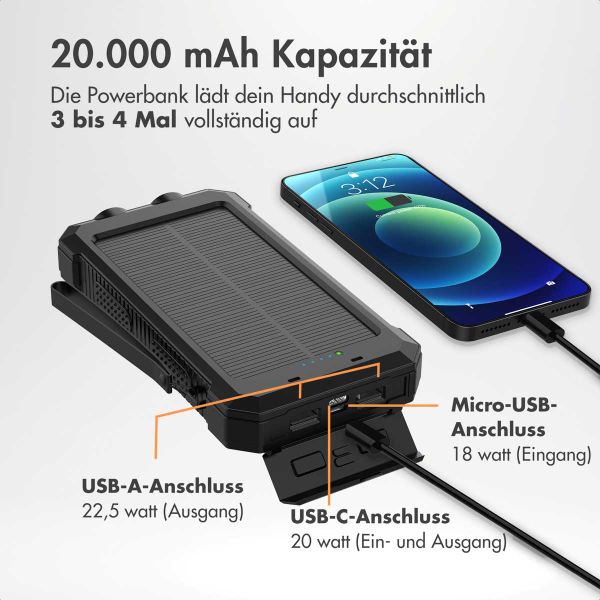 imoshion Solar Powerbank mit Solarpanel – Schnellaufladung und Stromversorgung – 20.000 mAh – Schwarz
