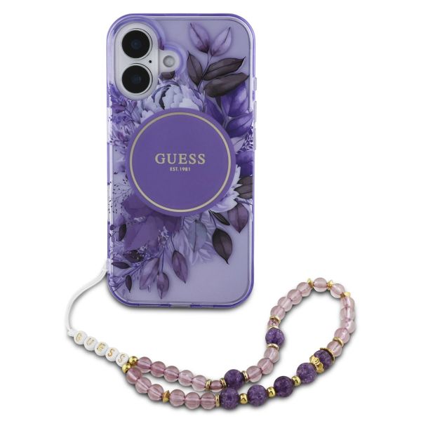 Guess MagSafe IML Flowers Case mit Beads Strap für das iPhone 16 - Purple