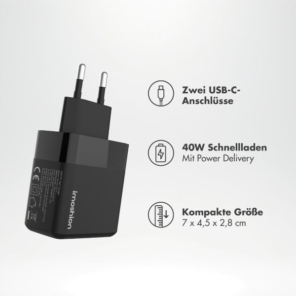 imoshion Wandladegerät - Netzteil - 2x USB-C 40 W + geflochtenes USB-C-zu-USB-C-Kabel 100 W - 1 Meter - Schwarz