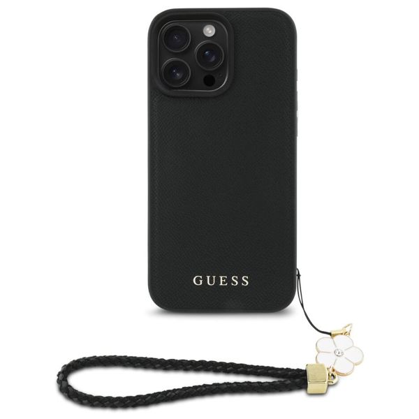 Guess Grained Back Cover MagSafe mit Flower Charm Strap für das iPhone 16 Pro Max - Schwarz