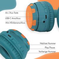 imoshion Kids Dino Bluetooth-Kopfhörer - Kinderkopfhörer mit Dezibelbegrenzer - Drahtloser Kopfhörer + AUX-Kabel - Petrol Green / Orange