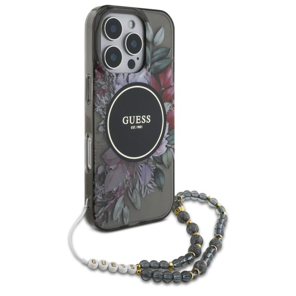 Guess MagSafe IML Flowers Case mit Beads Strap Apple iPhone 16 Pro Max - Schwarz