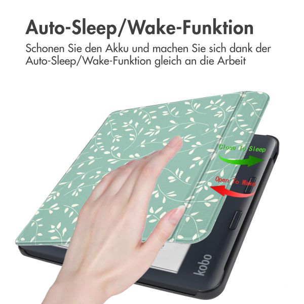 imoshion Design Slim Hard Case Sleepcover mit Stand für das Kobo Libra Colour / Tolino Vision Color - Smoke Green Flowers