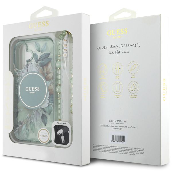 Guess MagSafe IML Flowers Case mit Beads Strap für das Apple iPhone 16 - Green