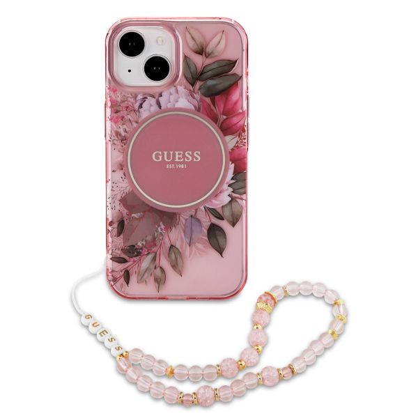 Guess MagSafe IML Flowers Case mit Beads Strap für das iPhone 15 - Pink