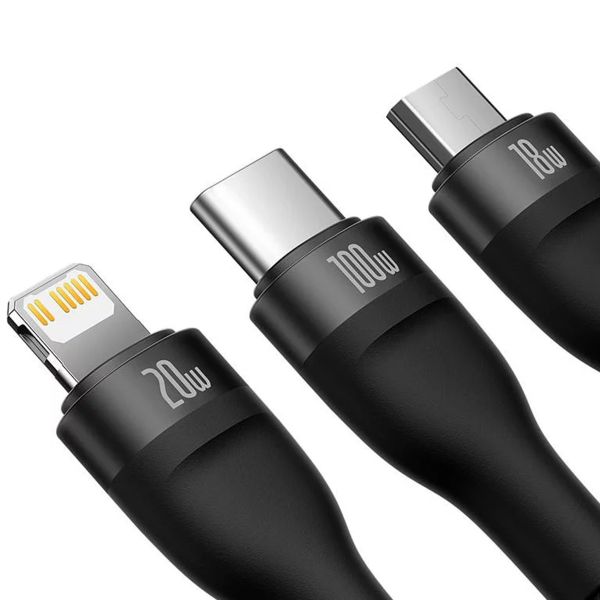 Baseus Flash Series 2 – 3-in-1-Schnellladekabel – USB-C zu USB-C/Lightning/Micro-USB – 100 Watt – 1,5 Meter – Schwarz