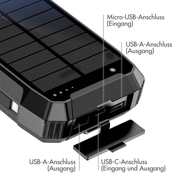 imoshion ﻿Solar Powerbank – Solarbetriebene, kabellose Powerbank – Schnellaufladung und Stromversorgung – 30.000 mAh – Schwarz