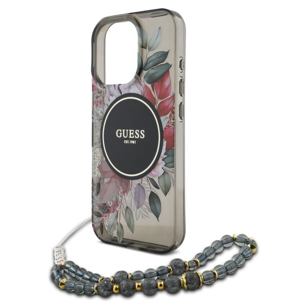 Guess MagSafe IML Flowers Case mit Beads Strap Apple iPhone 16 Pro - Schwarz