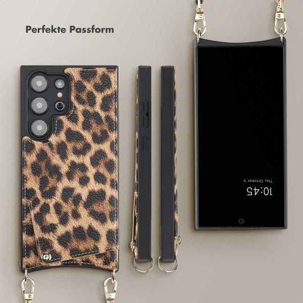 Selencia Nova Back Cover mit Kordel und Kartenhalter für das Samsung Galaxy S24 Ultra - Leopard