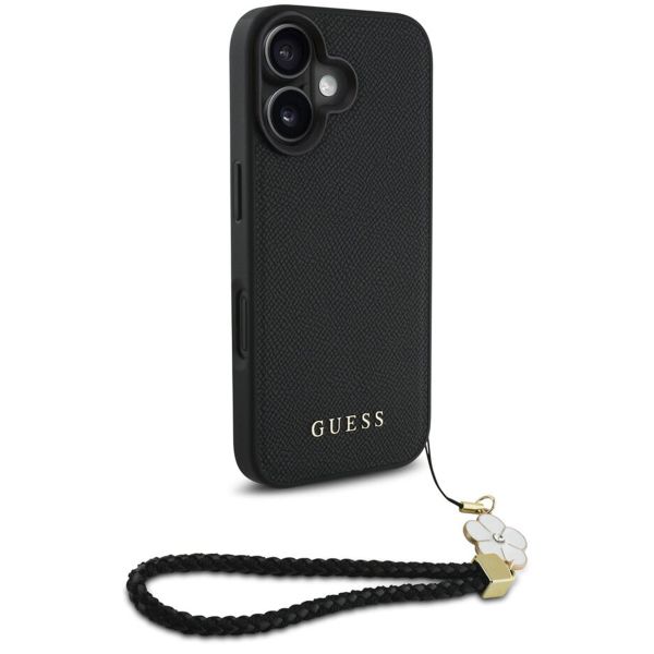 Guess Grained Back Cover MagSafe mit Flower Charm Strap für das iPhone 16 - Schwarz