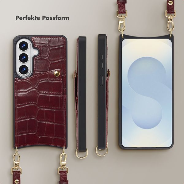 Selencia Nova Croco HandyHülle mit Kordel und Kartenhalter Samsung Galaxy S26 - Burgundy
