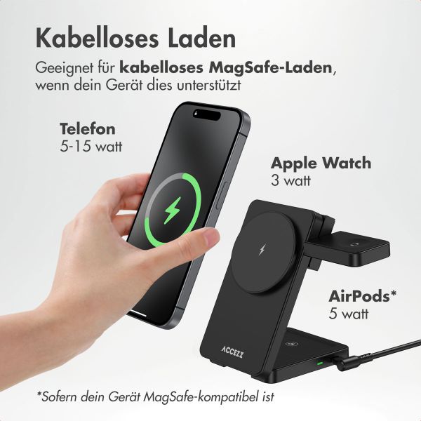 Accezz 3-in-1 Faltbares Kabelloses MagSafe Ladegerät - 20 Watt - Schwarz