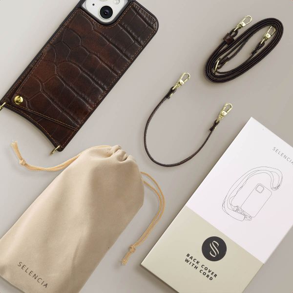 Selencia Nova Croco HandyHülle mit Kordel und Kartenhalter Apple iPhone 14 / 13 - Choco Brown