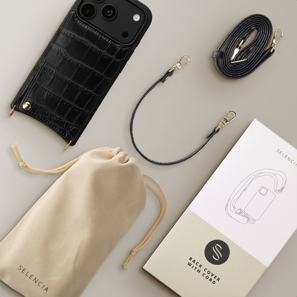 Selencia Nova Croco HandyHülle mit Kordel und Kartenhalter Apple iPhone 18 Pro Max / 17 Pro Max - Schwarz